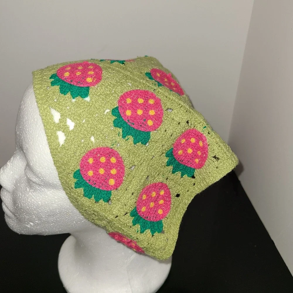Boho Crochet Bandana Strawberry Cottage Core Hippie Hair Scarf Green